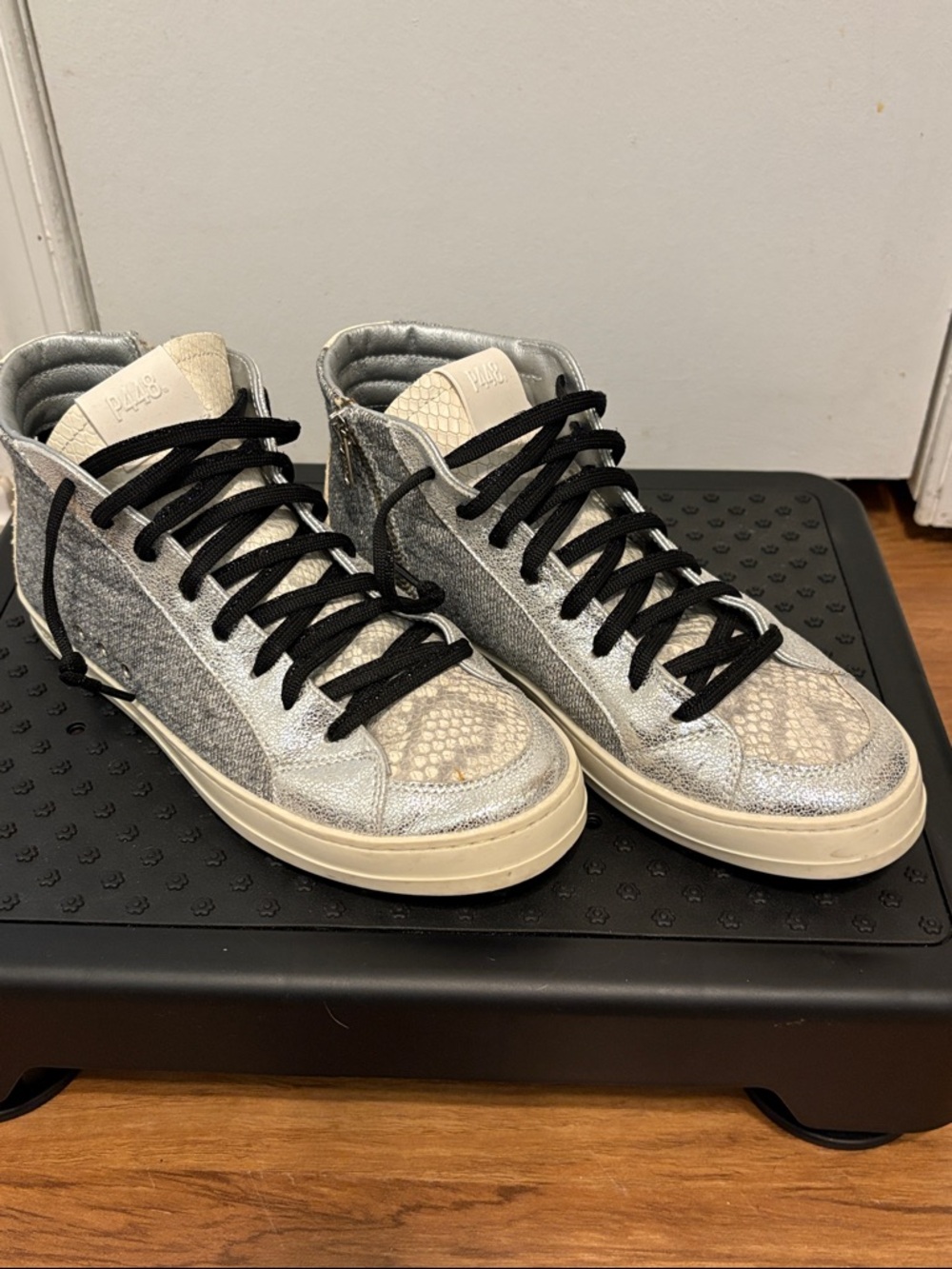 P448 Silver Metallic & Cream Snakeskin High-Top Sneakers